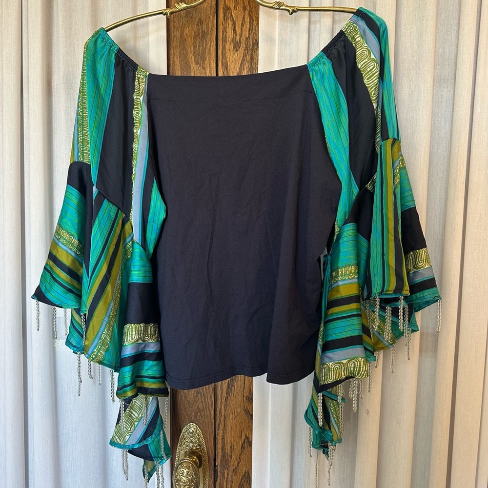 Anthropologie TINY Blue Green Beaded Bell Sleeve Top - Picture 9 of 15